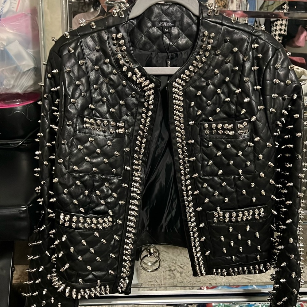 For Her NYC Black Moto Faux Spiked Leather Jacket
